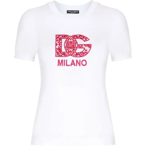 Cotton T-shirt with Embroidered Logo , female, Sizes: S, XS - Dolce & Gabbana - Modalova