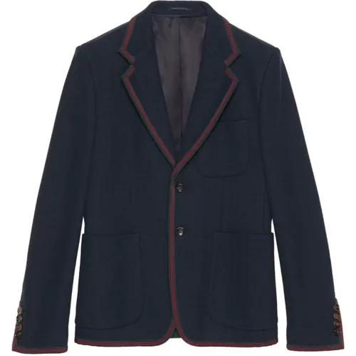 Blazers, male, , Size: S Navy Cotton Blazer with Web-Stripe Trim - Gucci - Modalova