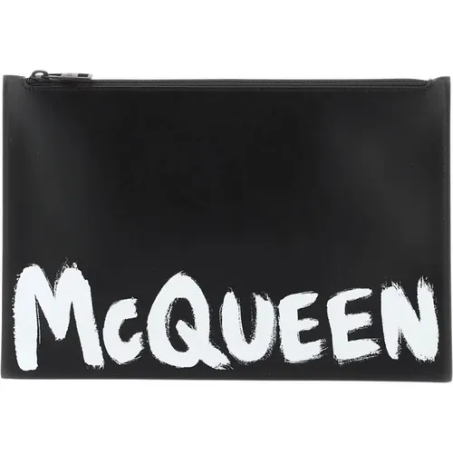 Clutches, male, , Size: ONE SIZE Graffiti Leather Flat Pouch - alexander mcqueen - Modalova