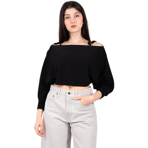 Schwarzer Off-Shoulder Crop Pullover , Damen, Größe: S - Roberto Collina - Modalova