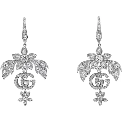 Flora earrings in 18k white gold and diamonds , female, Sizes: ONE SIZE - Gucci - Modalova