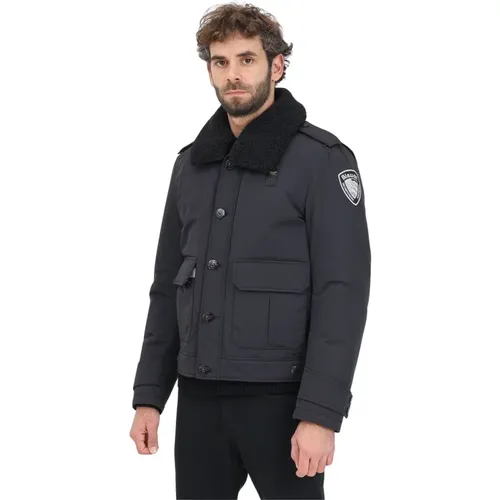 Schwarze Steppjacke mit Kunstpelzkragen , Herren, Größe: M - Blauer - Modalova