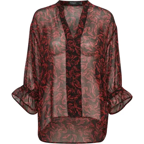 Flounce Sleeve Blouse with V-Neck and Sheer Fabric , female, Sizes: XS - Soaked in Luxury - Modalova
