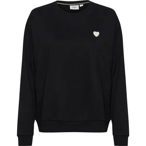 Schwarzer Sweatshirt mit Besticktem Herz , Damen, Größe: M - Saint Tropez - Modalova