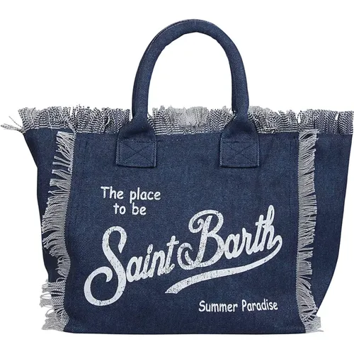 Denimblaue Baumwoll-Handtasche mit Fransen - MC2 Saint Barth - Modalova