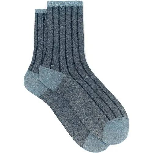 Kurze blaue Socken für Damen in abgestuften Twin-Rib-Polyamid mit Lurex - Gallo - Modalova