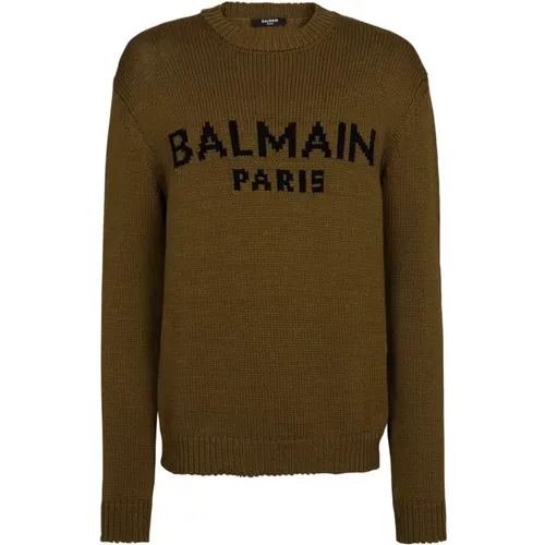 Round-neck Knitwear, male, , Size: 3XL Intarsia-Knit Logo Sweater - Balmain - Modalova