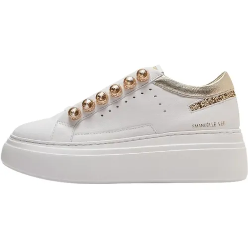 Gold Leather Sneakers with Strass Details , female, Sizes: 6 UK, 4 UK, 5 UK, 8 UK - Emanuelle Vee - Modalova