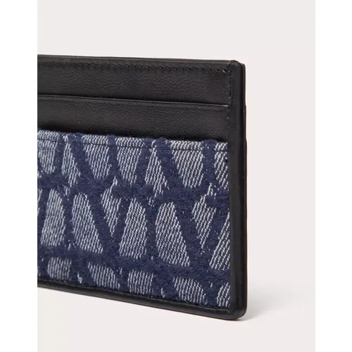 Jacquard Denim Pocket Card Holder with Leather Details , male, Sizes: ONE SIZE - Valentino Garavani - Modalova