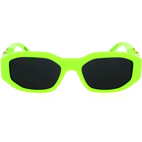 Sonnenbrille mit unregelmäßiger Form in fluoreszierendem Grün und Dunkelgrau , unisex, Größe: 48 MM - Versace - Modalova