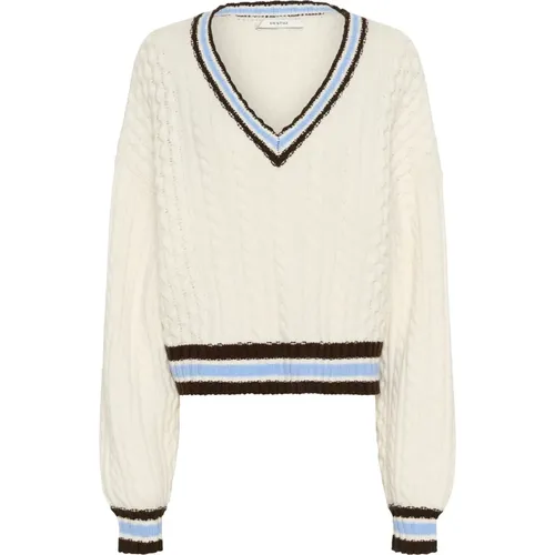 V-neck Knitwear, female, , Size: L Striped Cable Knit Pullover - Gestuz - Modalova