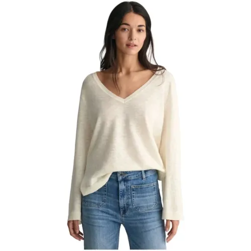V-neck Knitwear, female, , Size: 2XS V-neck Linen Blend Casual Sweater - Gant - Modalova