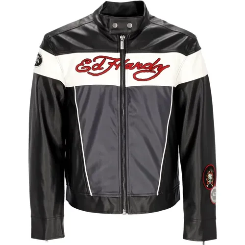 Panther Vegan Lederjacke Schwarz/Weiß , Herren, Größe: M - Ed Hardy - Modalova