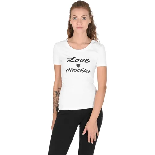 Weißes Baumwoll-Spandex-T-Shirt , Damen, Größe: XS - Love Moschino - Modalova