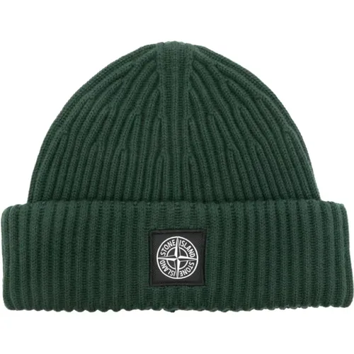 Beanies, male, , Size: ONE SIZE Ribbed Beanie with Logo Patch - Stone Island - Modalova