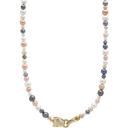 Mehrfarbige Perlenkette mit goldplattiertem Verschluss in Form eines Pantherkopfes , Herren, Größe: ONE Size - Nialaya - Modalova