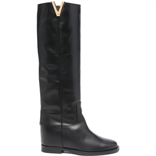 Schwarze Leder Cut-Out Stiefel , Damen, Größe: 38 1/2 EU - Via Roma 15 - Modalova