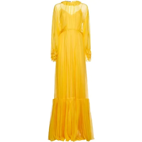 Silk Long Dress with Ruffles , female, Sizes: S, XS - Gucci - Modalova