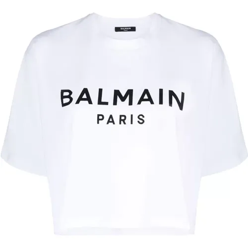 Bedrucktes Crop-T-Shirt in Schwarz und Weiß , Damen, Größe: M - Balmain - Modalova