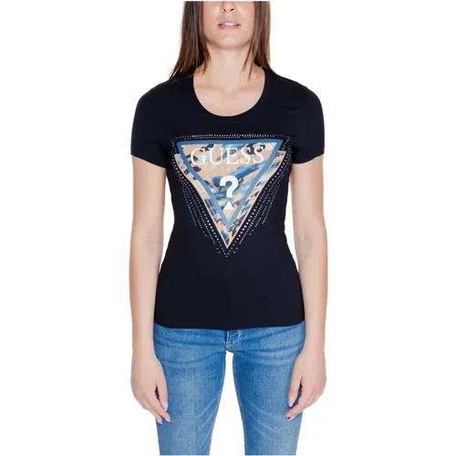 Schwarzes Bedrucktes Rundhals T-shirt , Damen, Größe: M - Guess - Modalova