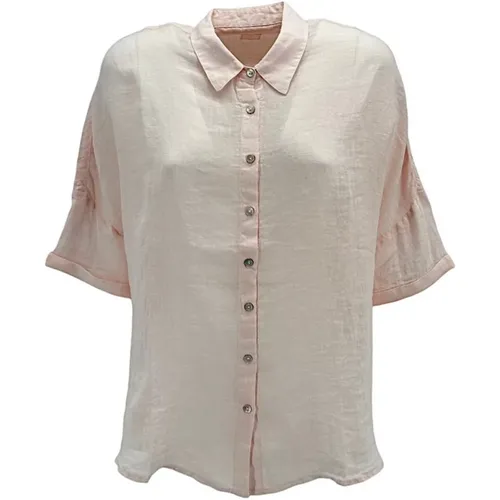 Rosa Leinen-Oversized-Shirt mit Sangallo-Details , Damen, Größe: XS - 120% lino - Modalova