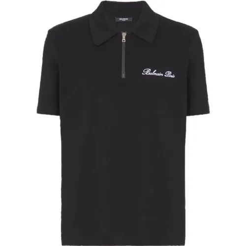 Short Sleeve Polo Shirt with Zipper , male, Sizes: L - Balmain - Modalova