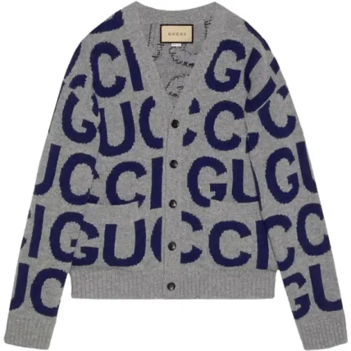 Cardigans, male, , Size: M Intarsia Wool Cardigan with Logo - Gucci - Modalova