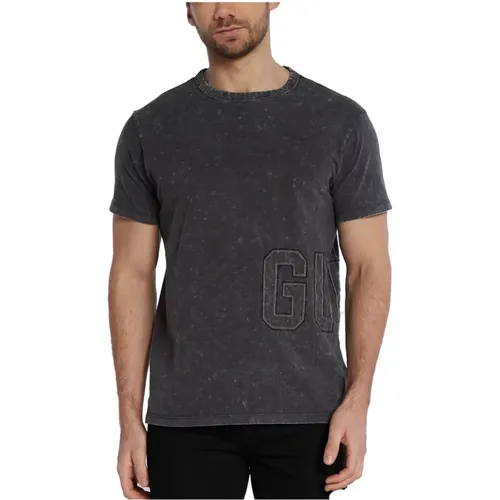 Schwarzes Genähtes Logo Gewaschenes T-Shirt , Herren, Größe: L - Guess - Modalova