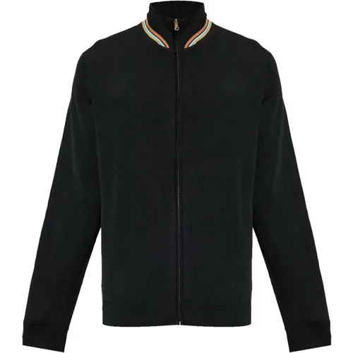 Merino Zip Cardigan Schwarz Streifen Stehkragen , Herren, Größe: S - Paul Smith - Modalova