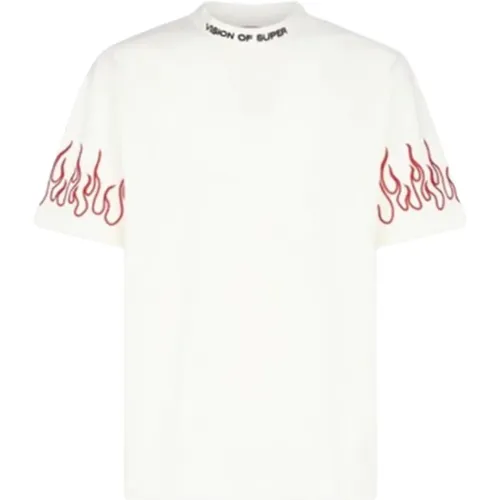 Weißes T-Shirt mit roten Flammen , Herren, Größe: M - Vision OF Super - Modalova