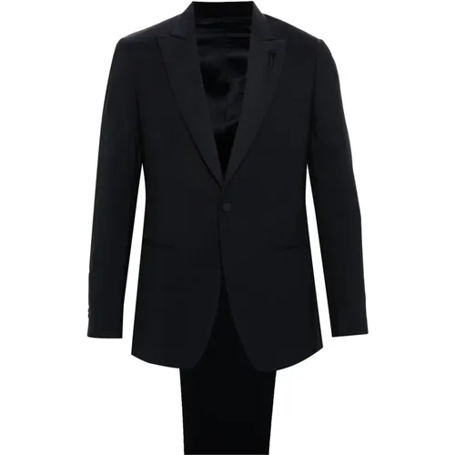 Single Breasted Suits, male, , Size: 3XL Navy Wool Suit with Peak Lapels - Lardini - Modalova