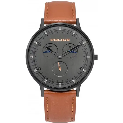 Mens Watch Quartz 42mm Stainless Steel Grey Calfskin Brown , male, Sizes: ONE SIZE - Police - Modalova