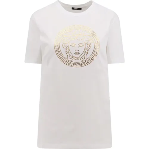 Weißes T-Shirt mit Logo-Print , Damen, Größe: M - Versace - Modalova