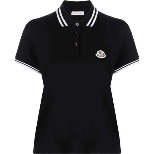 Schwarzes Gestreiftes Polo Shirt mit Logo Patch - Moncler - Modalova