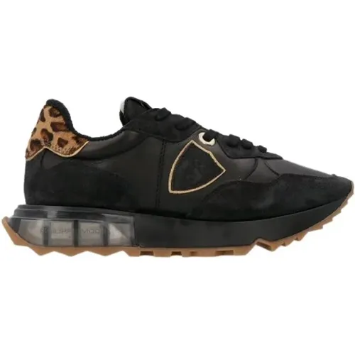 Schwarze Low-Top-Sneaker mit Leopardenmuster an der Ferse , Damen, Größe: 37 EU - Philippe Model - Modalova