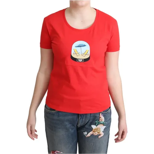 Rotes Baumwoll-T-Shirt mit Signature-Print , Damen, Größe: M - Moschino - Modalova