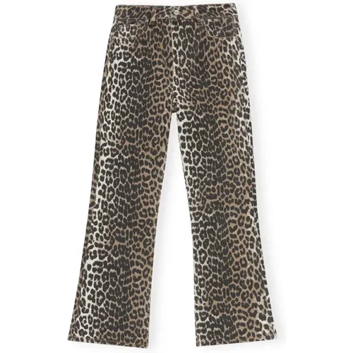 Wide Trousers, female, , Size: W26 Leopard Cropped Jeans with Animal Print - Ganni - Modalova