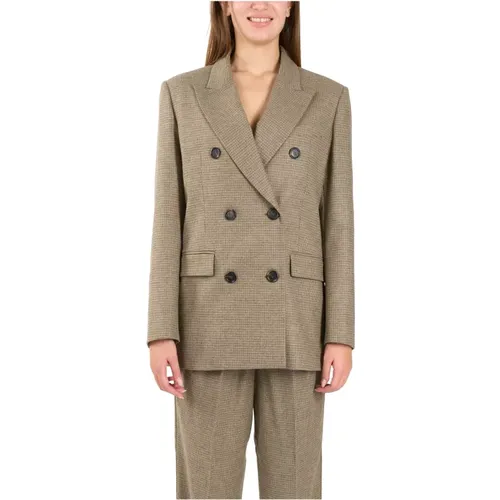 Blazers, female, , Size: L Wool double-breasted blazer with micro-check pattern - pinko - Modalova