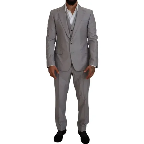 Single Breasted Suits, male, , Size: XL Silver Wool Silk Slim Fit Suit - Dolce & Gabbana - Modalova