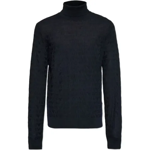 Turtlenecks, male, , Size: S Navy Wool Logo Sweater - Emporio Armani - Modalova