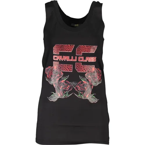 Damen Tank Top Schwarz Breite Schulter Rundhals Druck Logo , Damen, Größe: L - Cavalli Class - Modalova