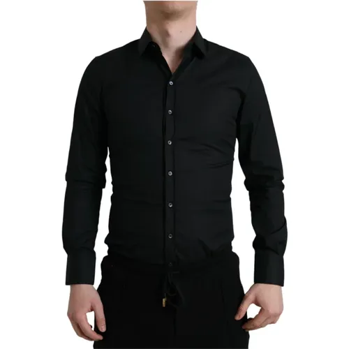 Schwarzes Slim Fit Stretch Hemd , Herren, Größe: M - Dolce & Gabbana - Modalova