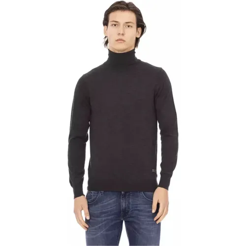 Turtlenecks, male, , Size: S Fabric Crewneck Sweater with Metal Monogram - Baldinini - Modalova