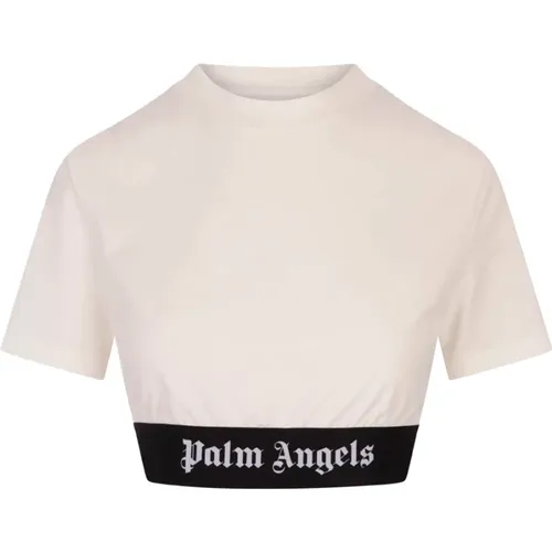 Weiße Baumwoll-Crop-T-Shirt mit Logo - Palm Angels - Modalova