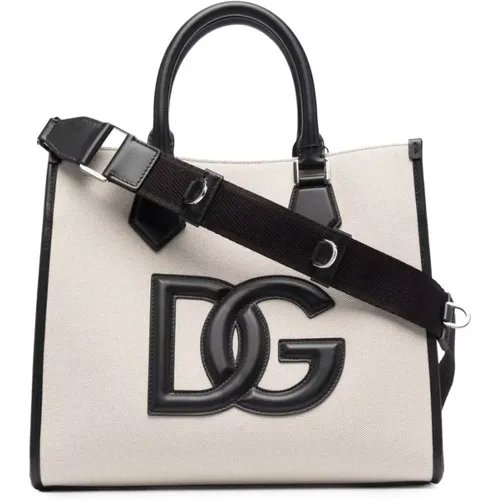 Tote Bags, unisex, , Size: ONE SIZE Canvas Shopping Bag with Leather Details - Dolce & Gabbana - Modalova