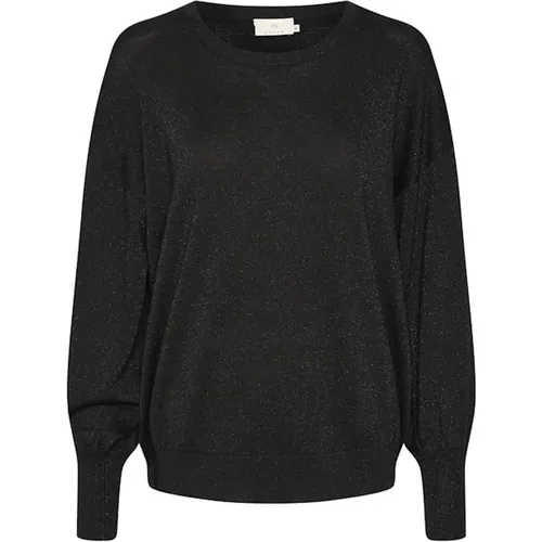 Schwarzer Deep O-Neck Strickpullover mit Puffärmeln , Damen, Größe: L - Kaffe - Modalova