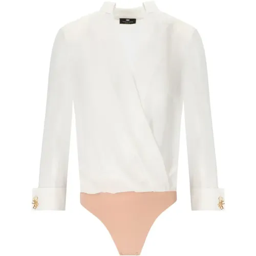 Ivory Georgette Bodysuit Shirt with Rhinestone and Pearl Buttons , female, Sizes: XL, S, L - Elisabetta Franchi - Modalova