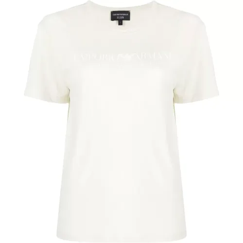 Logo-Print Linen-Blend T-Shirt , female, Sizes: M - Emporio Armani - Modalova
