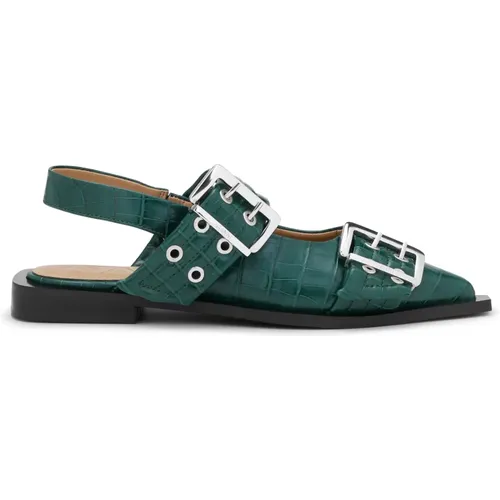 Ballerinas, female, , Size: 6 US Feminine Buckle Ballerina Croco Shoes - Ganni - Modalova