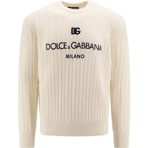 Round-neck Knitwear, male, , Size: L Braided Wool Sweater with Logo - Dolce & Gabbana - Modalova